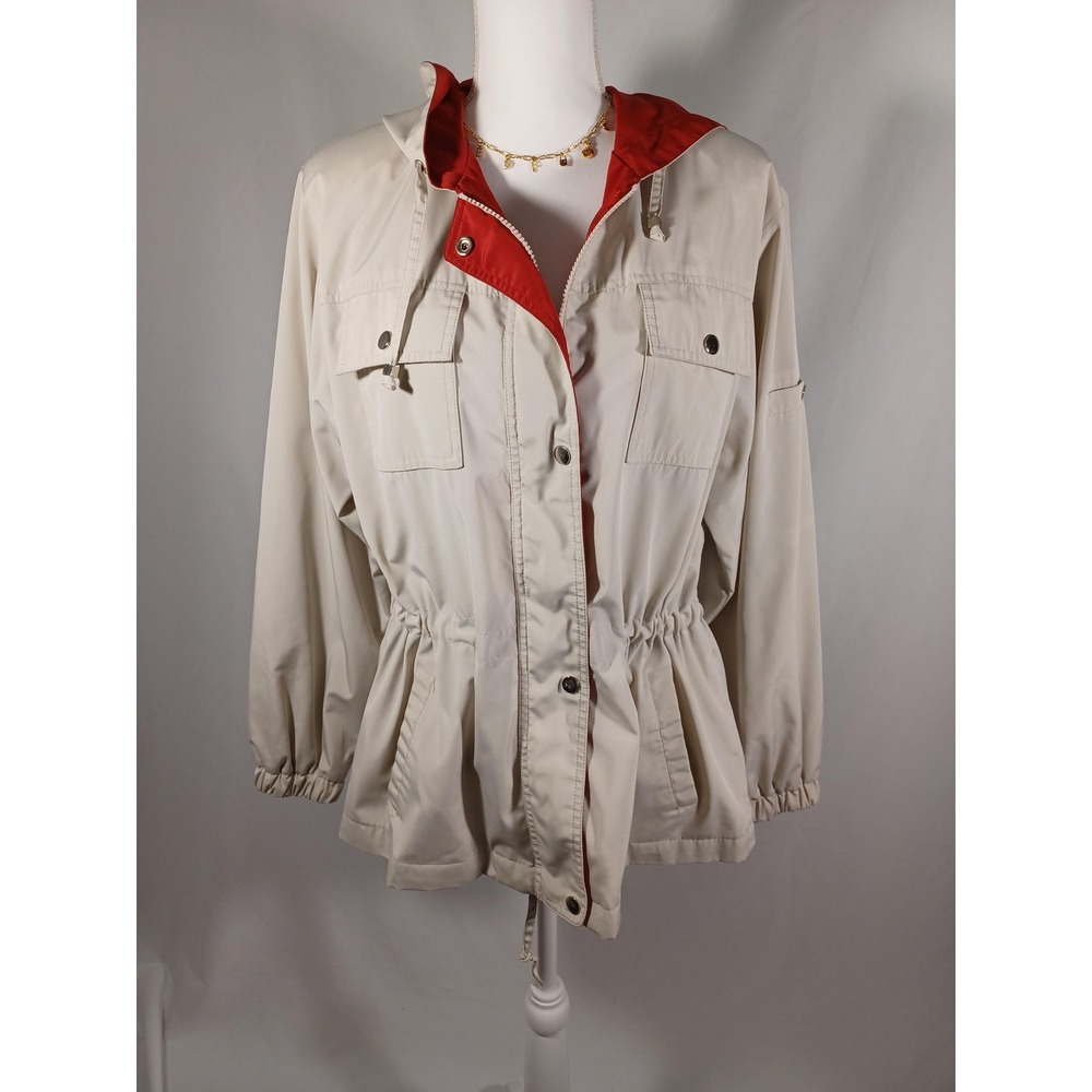 Larry Levine‎ Jacket Womens Medium Beige Hooded Anorak Elastic Waist Pockets